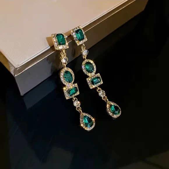 Gold-Tone Emerald Green Drop Earrings - Picture 2 of 4